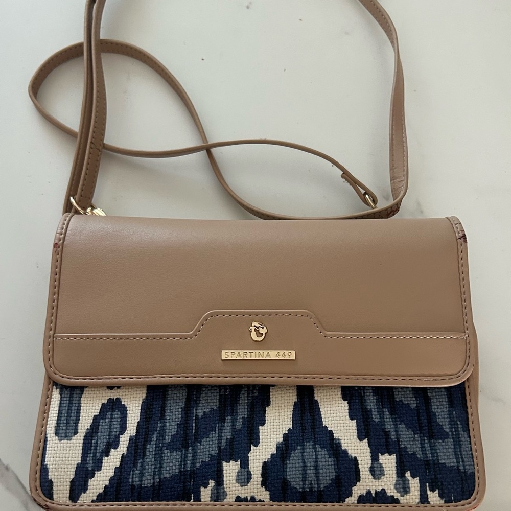 Spartina 449 Tan Leather and Blue Patterned Crossbody Bag